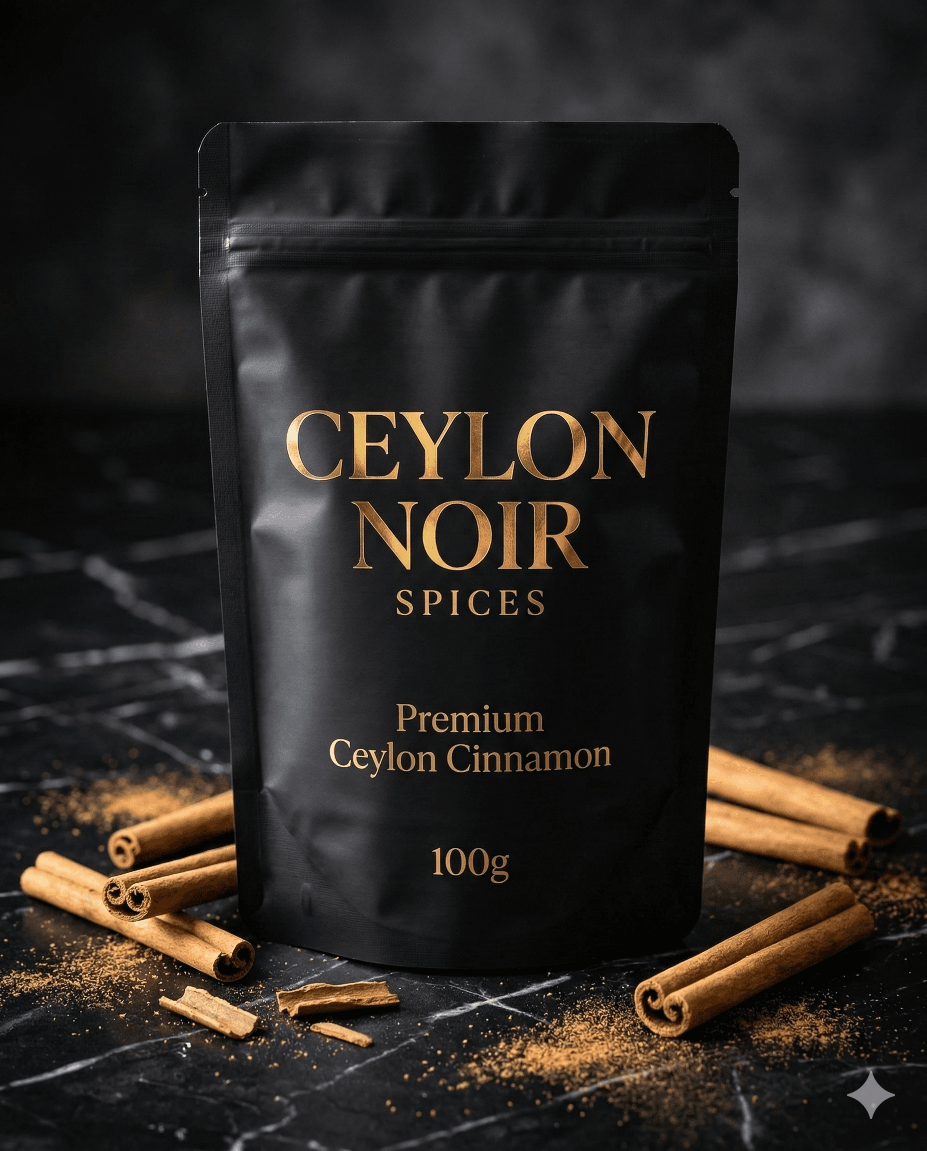 Ceylon Noir Spices Premium Ceylon Cinnamon — matte black pouch with gold lettering, surrounded by cinnamon sticks