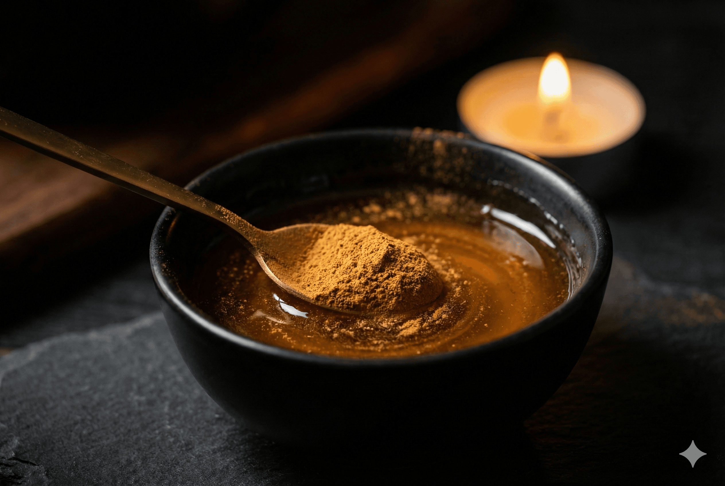 Cinnamon stirred into golden honey in soft evening light