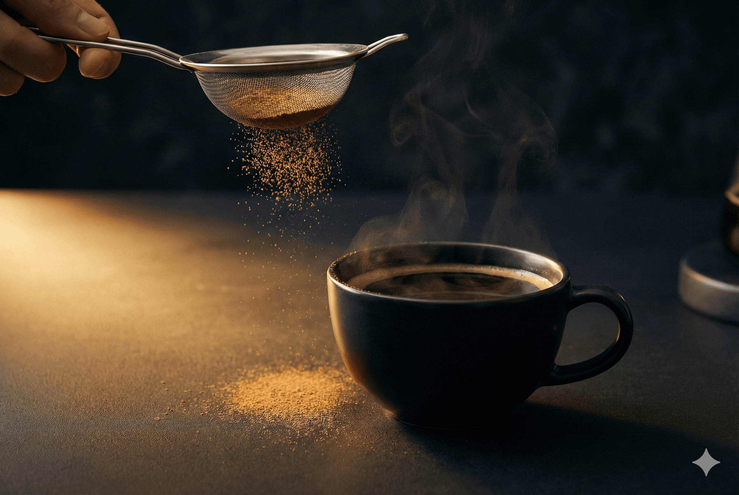 Cinnamon dusted into a steaming black coffee at dawn