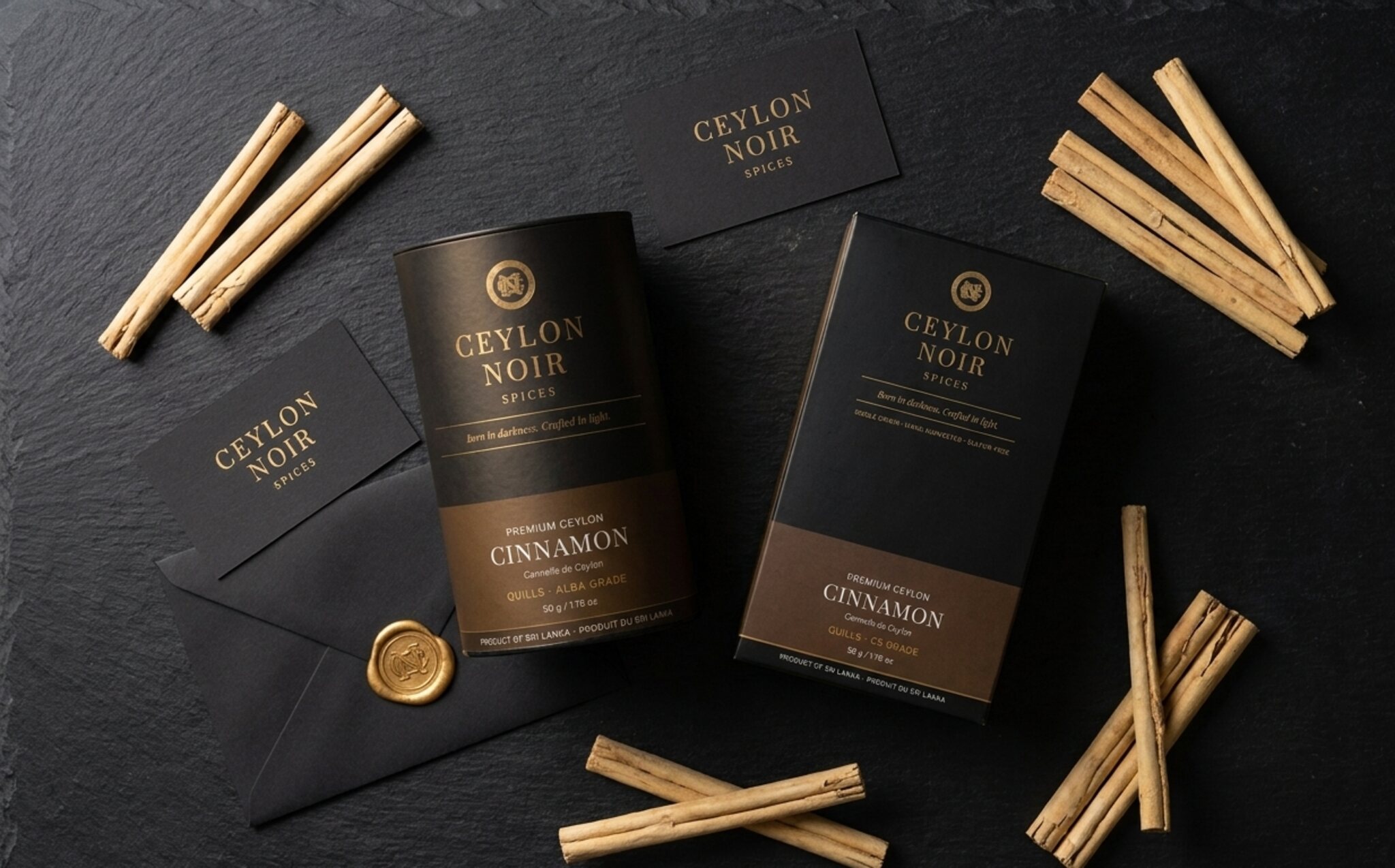 Ceylon Noir Spices brand collection — packaging, wax seals, cinnamon sticks, and spices arranged on dark slate