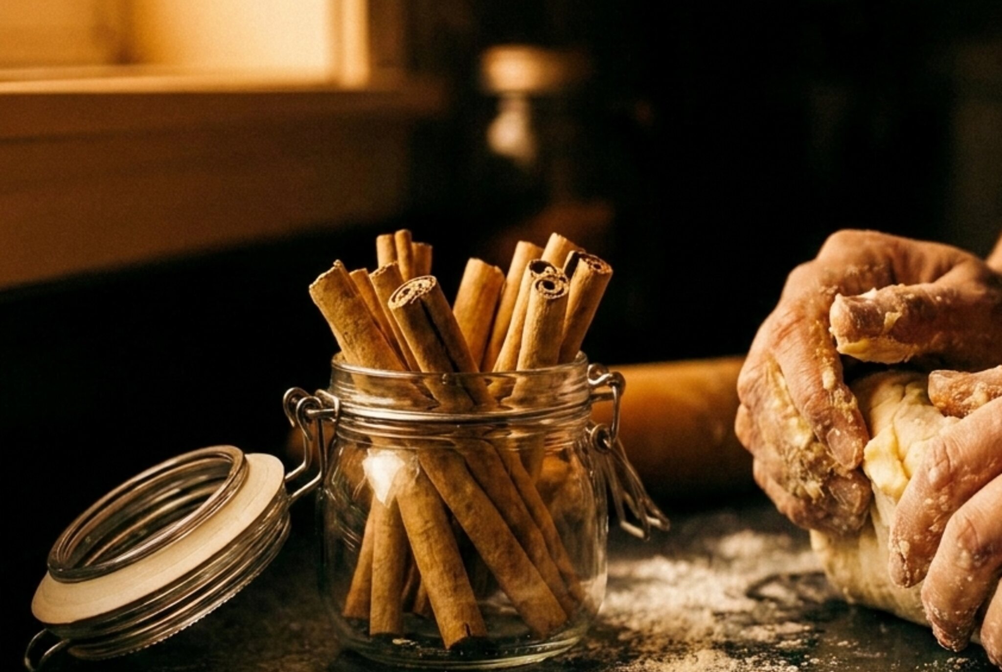 Cinnamon sticks beside fresh baking in a warm kitchen
