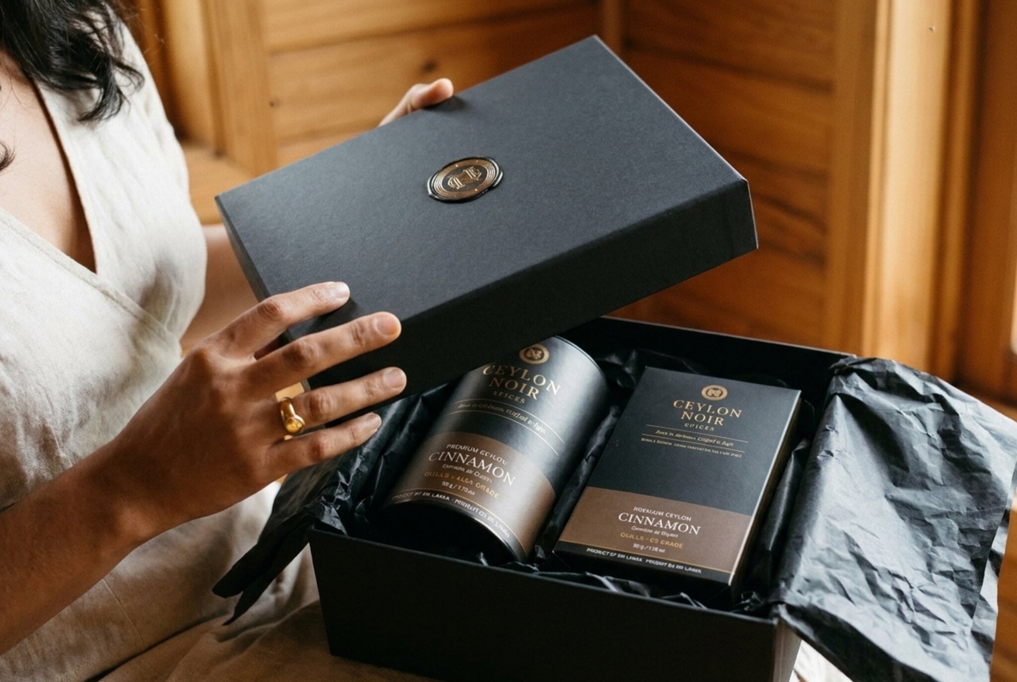 Elegant matte black gift box with Ceylon cinnamon inside