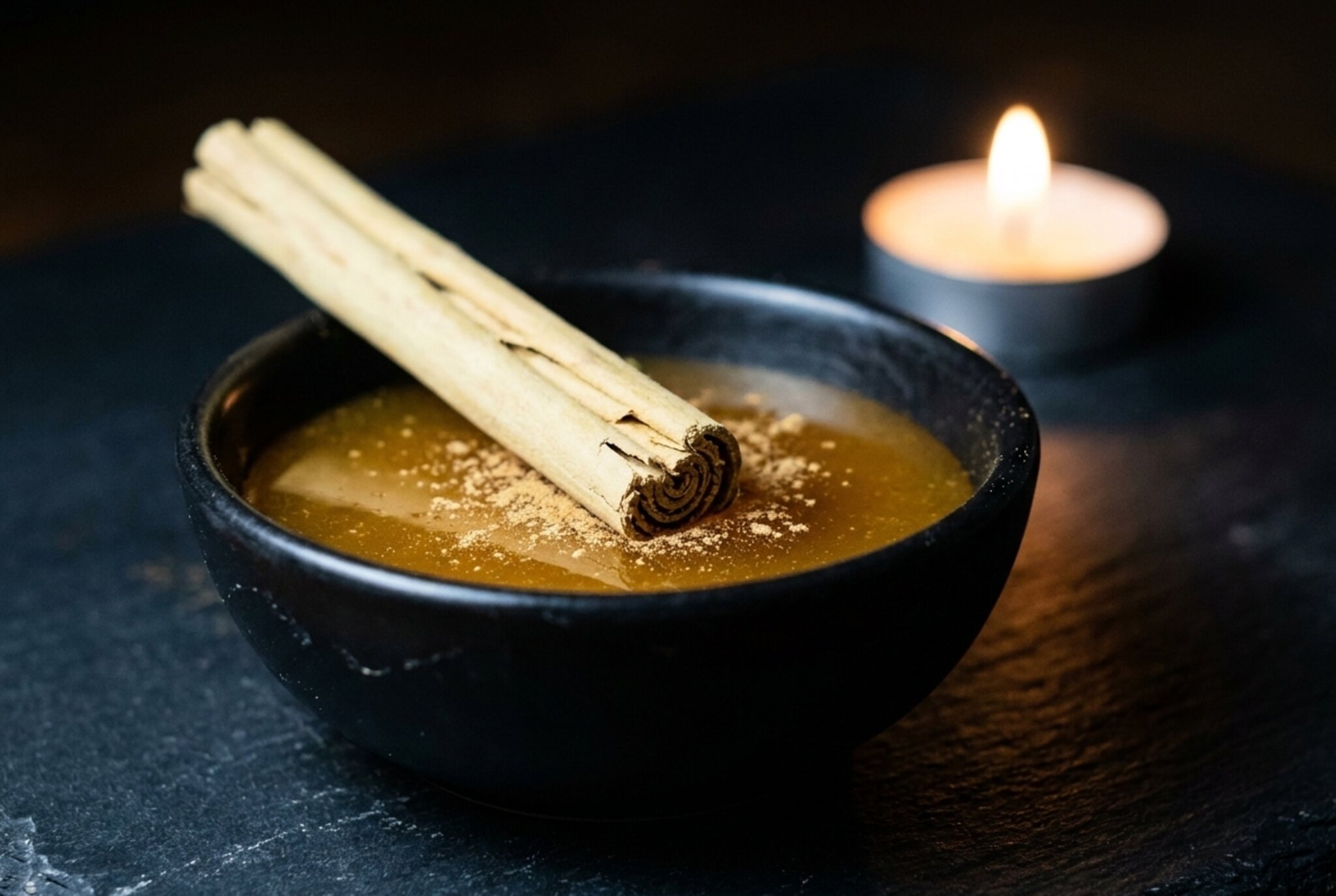Cinnamon stirred into golden honey in soft evening light