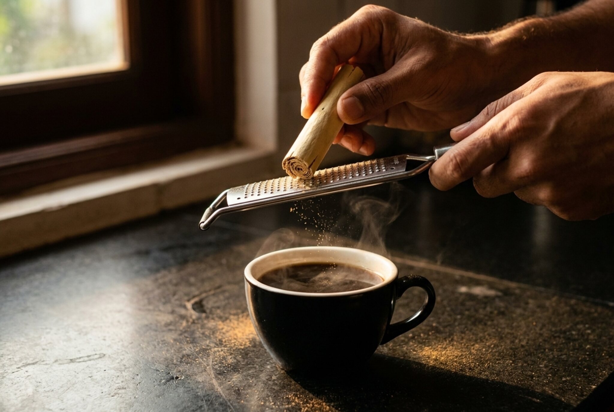Cinnamon dusted into a steaming black coffee at dawn